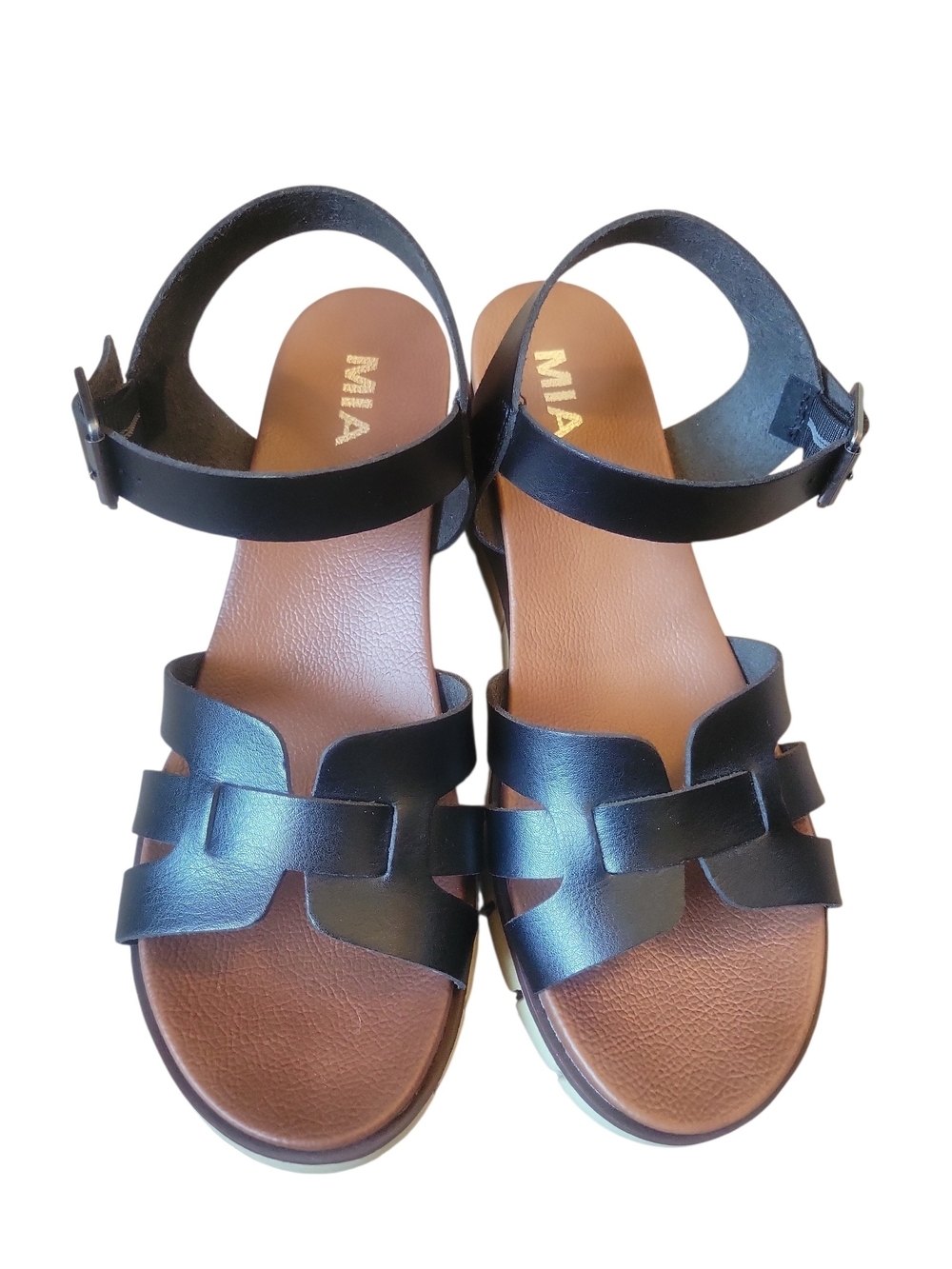 MIA Black Leather Ankle-Strap Sandals